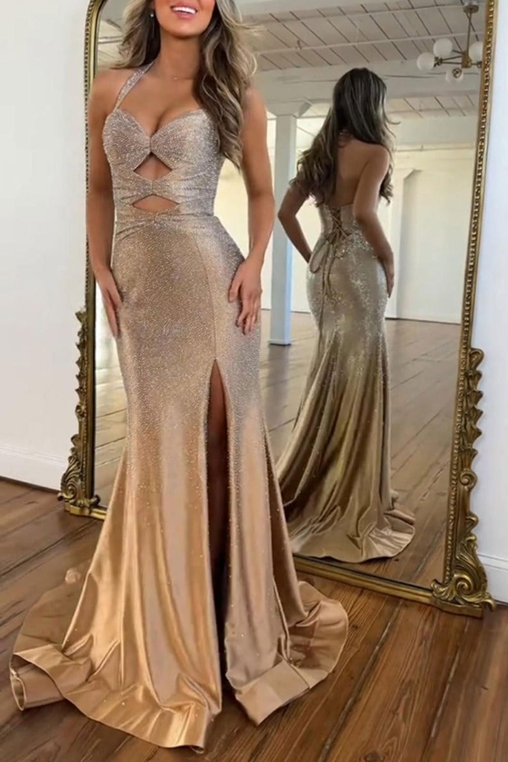 Halter Sweetheart Rhinestone Beading Cut-Out Satin Mermaid Prom Dress Side Slit Lace-Up Back Floor Length