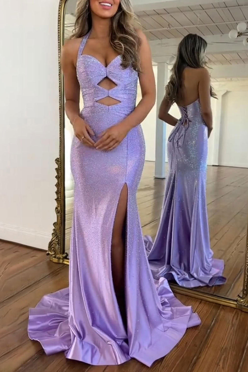 Halter Sweetheart Rhinestone Beading Cut-Out Satin Mermaid Prom Dress Side Slit Lace-Up Back Floor Length