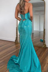 Halter Sweetheart Rhinestone Beading Cut-Out Satin Mermaid Prom Dress Side Slit Lace-Up Back Floor Length