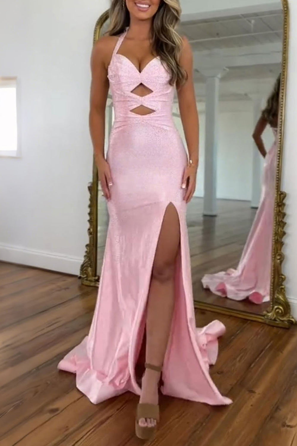 Halter Sweetheart Rhinestone Beading Cut-Out Satin Mermaid Prom Dress Side Slit Lace-Up Back Floor Length