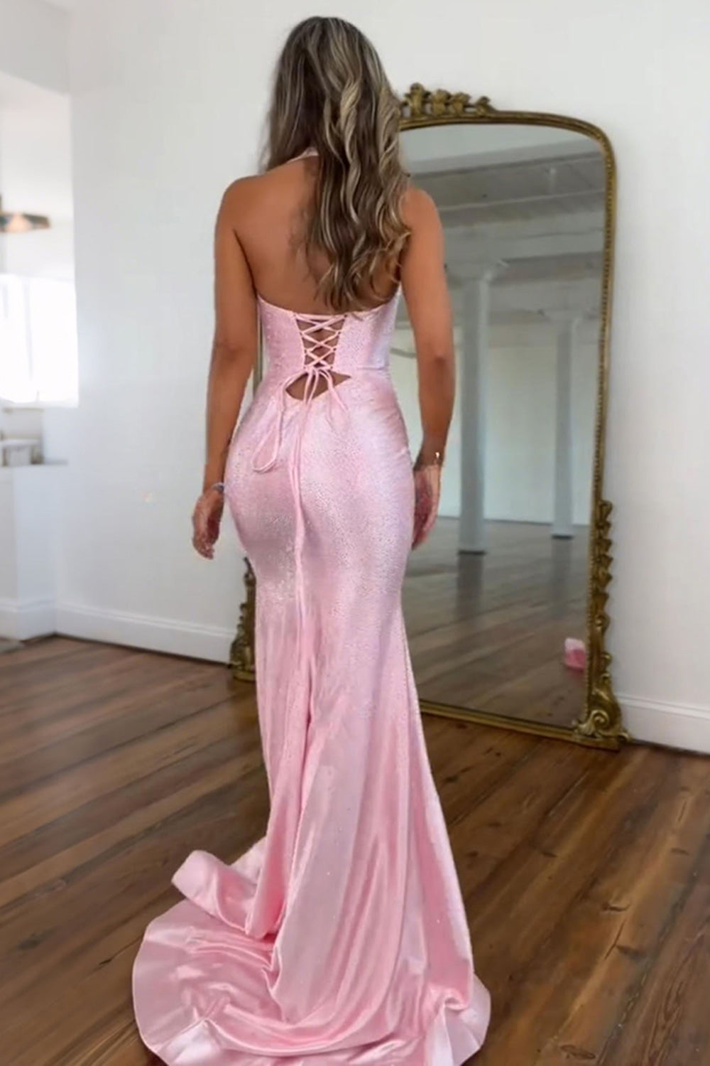 Halter Sweetheart Rhinestone Beading Cut-Out Satin Mermaid Prom Dress Side Slit Lace-Up Back Floor Length