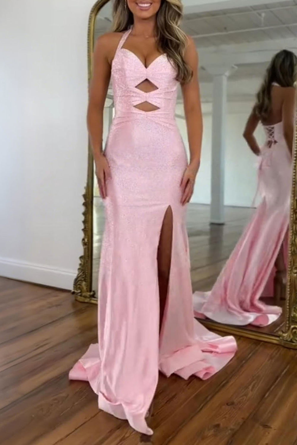 Halter Sweetheart Rhinestone Beading Cut-Out Satin Mermaid Prom Dress Side Slit Lace-Up Back Floor Length
