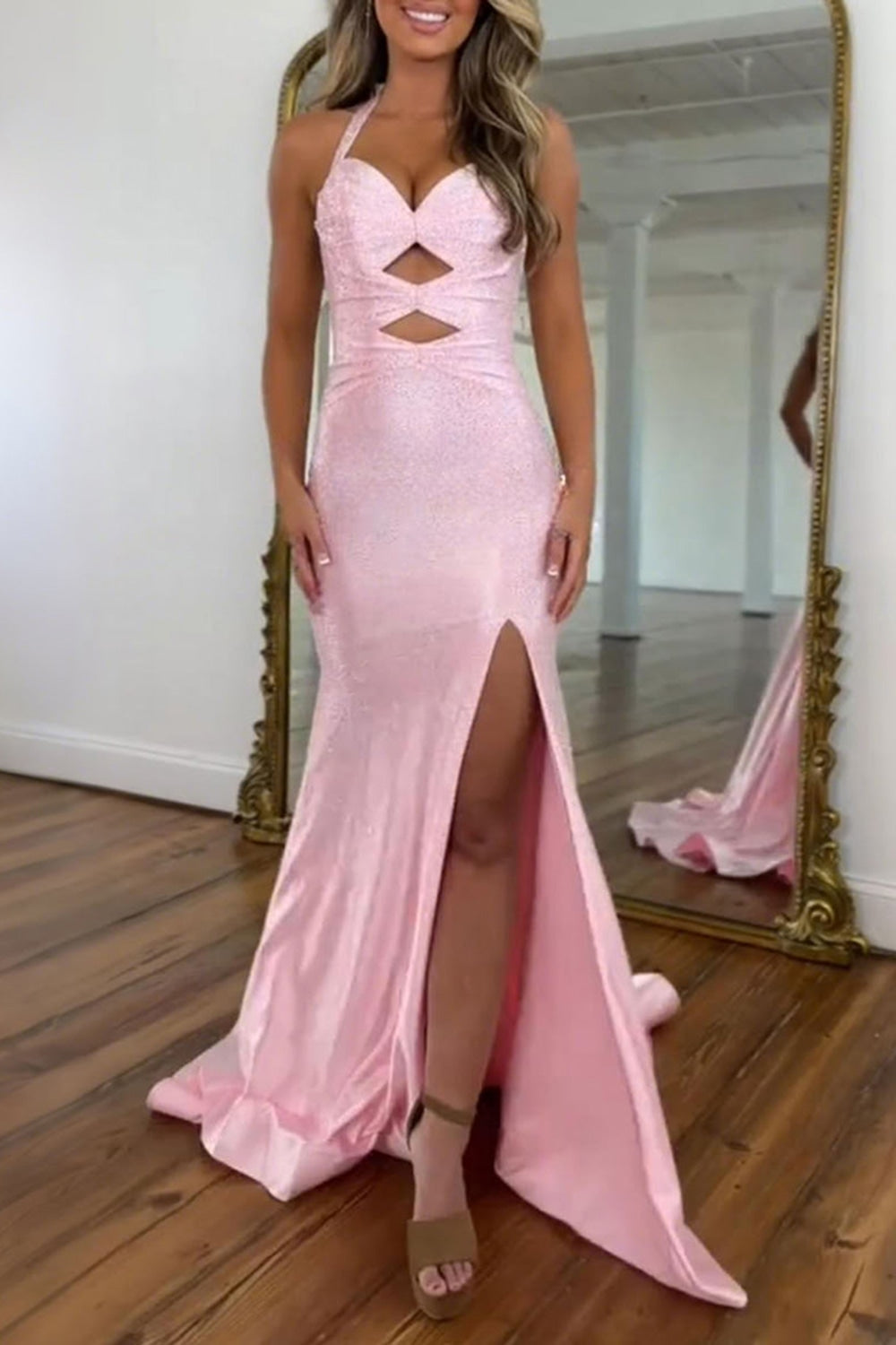 Halter Sweetheart Rhinestone Beading Cut-Out Satin Mermaid Prom Dress Side Slit Lace-Up Back Floor Length