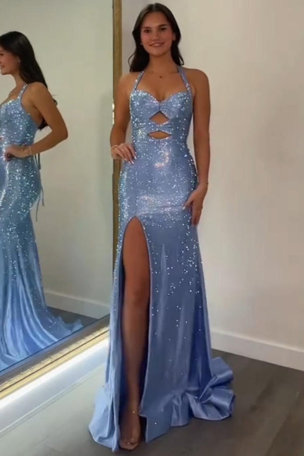 Halter Sweetheart Rhinestone Beading Cut-Out Satin Mermaid Prom Dress Side Slit Lace-Up Back Floor Length