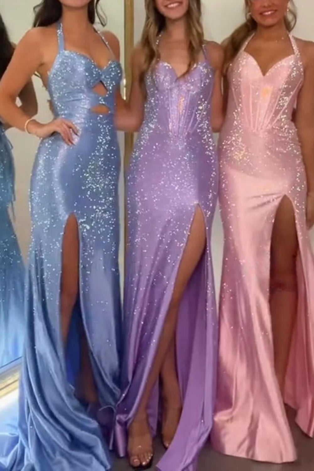 Halter Sweetheart Rhinestone Beading Cut-Out Satin Mermaid Prom Dress Side Slit Lace-Up Back Floor Length