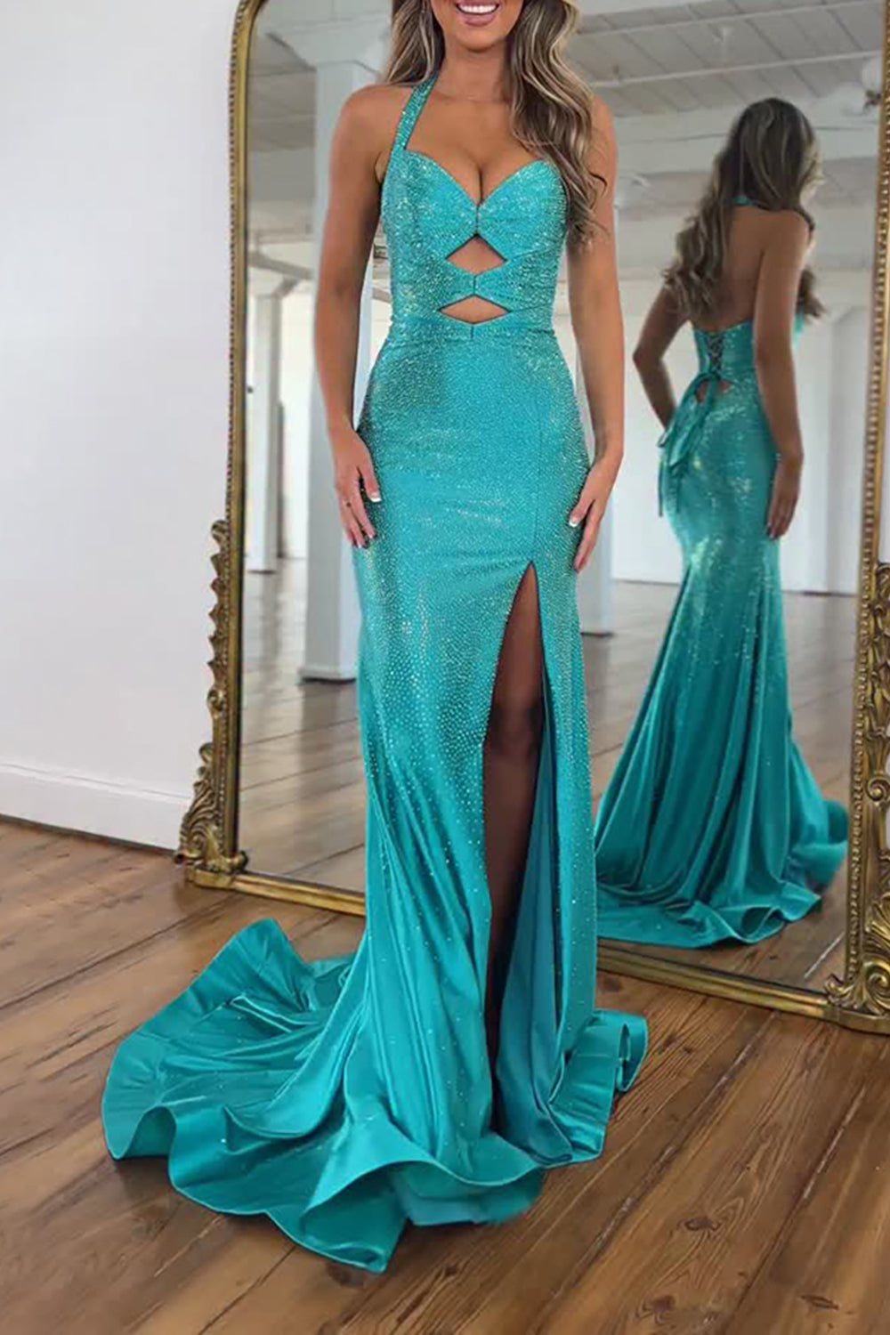 Halter Sweetheart Rhinestone Beading Cut-Out Satin Mermaid Prom Dress Side Slit Lace-Up Back Floor Length