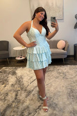 Halter V-Neck Pearl Beading Boned Corset Three-Tier Ruffle Satin A-Line Homecoming Dress Mini