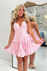 Halter V-Neck Pearl Beading Boned Corset Three-Tier Ruffle Satin A-Line Homecoming Dress Mini
