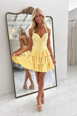Halter V-Neck Pearl Beading Boned Corset Three-Tier Ruffle Satin A-Line Homecoming Dress Mini