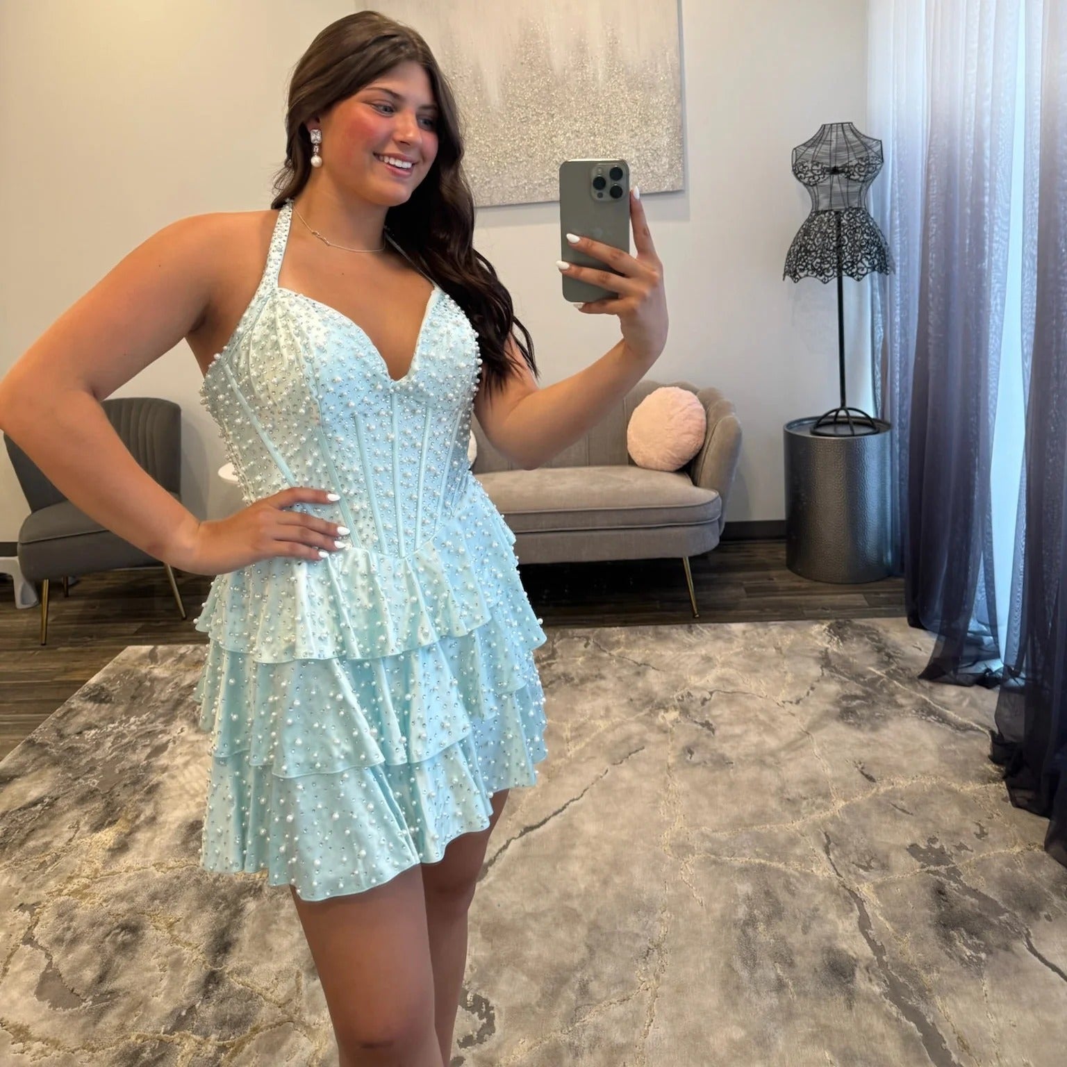 Halter V-Neck Pearl Beading Boned Corset Three-Tier Ruffle Satin A-Line Homecoming Dress Mini