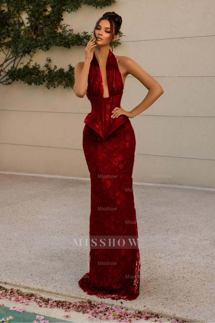 Halter V Neck Sleeveless Long Mermaid Formal Dress With Appliques