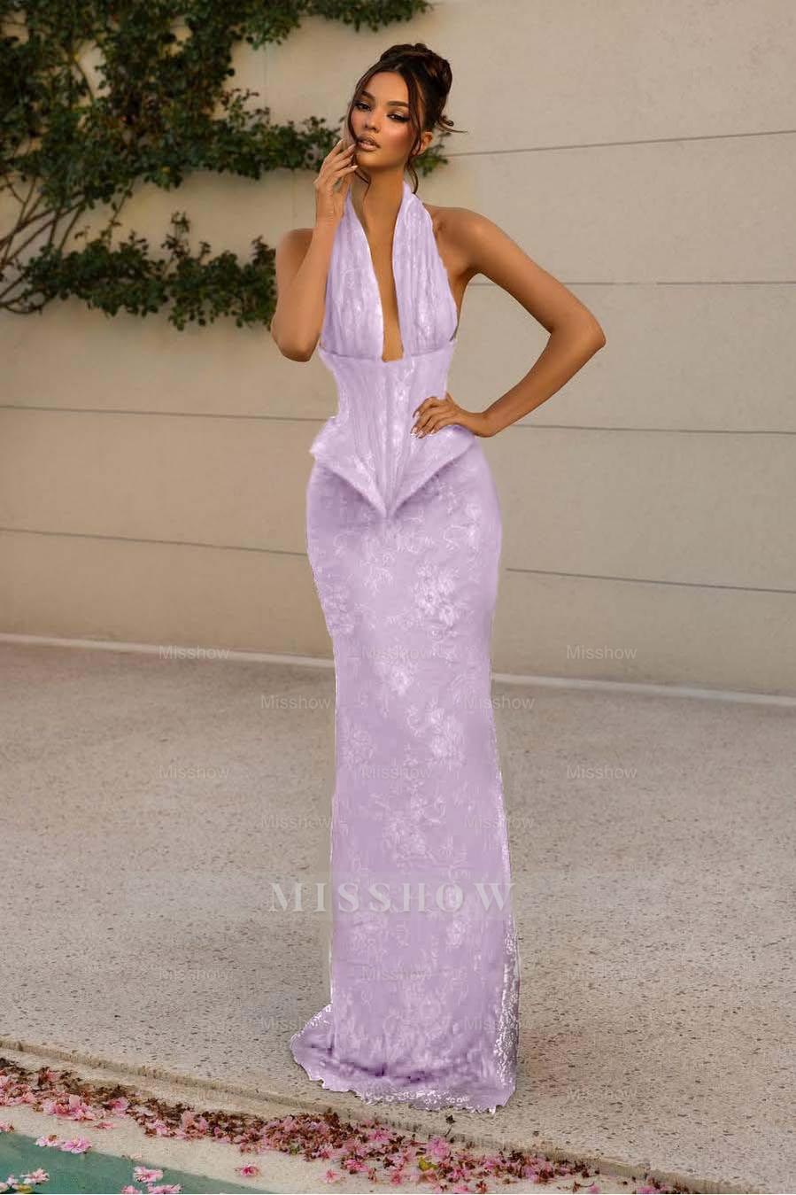 Halter V Neck Sleeveless Long Mermaid Formal Dress With Appliques