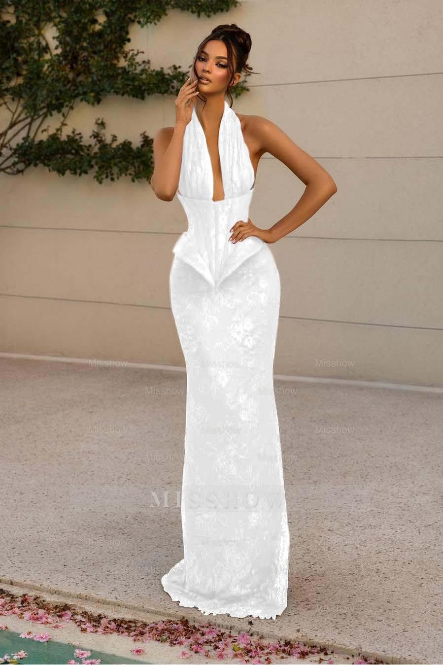 Halter V Neck Sleeveless Long Mermaid Formal Dress With Appliques