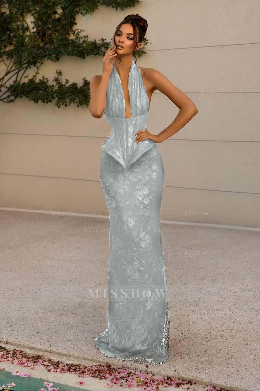 Halter V Neck Sleeveless Long Mermaid Formal Dress With Appliques