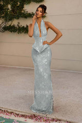 Halter V Neck Sleeveless Long Mermaid Formal Dress With Appliques