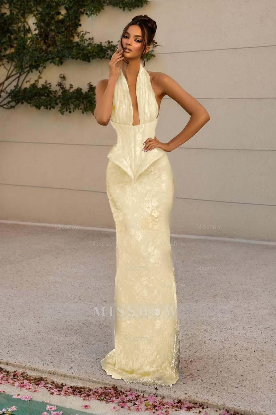 Halter V Neck Sleeveless Long Mermaid Formal Dress With Appliques