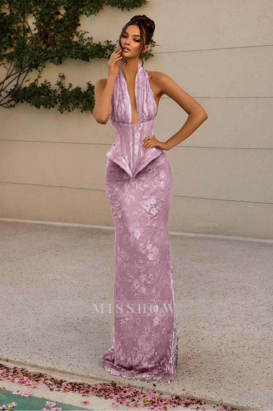 Halter V Neck Sleeveless Long Mermaid Formal Dress With Appliques
