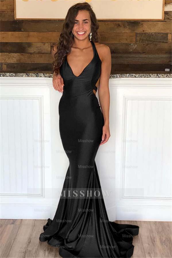 Halter V Neck Sleeveless Long Mermaid Formal Dress With Pleated