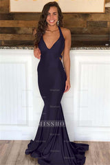 Halter V Neck Sleeveless Long Mermaid Formal Dress With Pleated