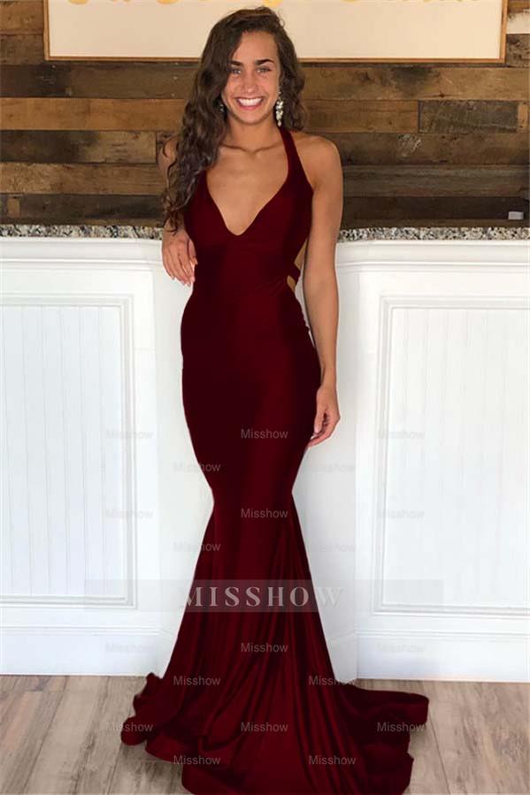 Halter V Neck Sleeveless Long Mermaid Formal Dress With Pleated