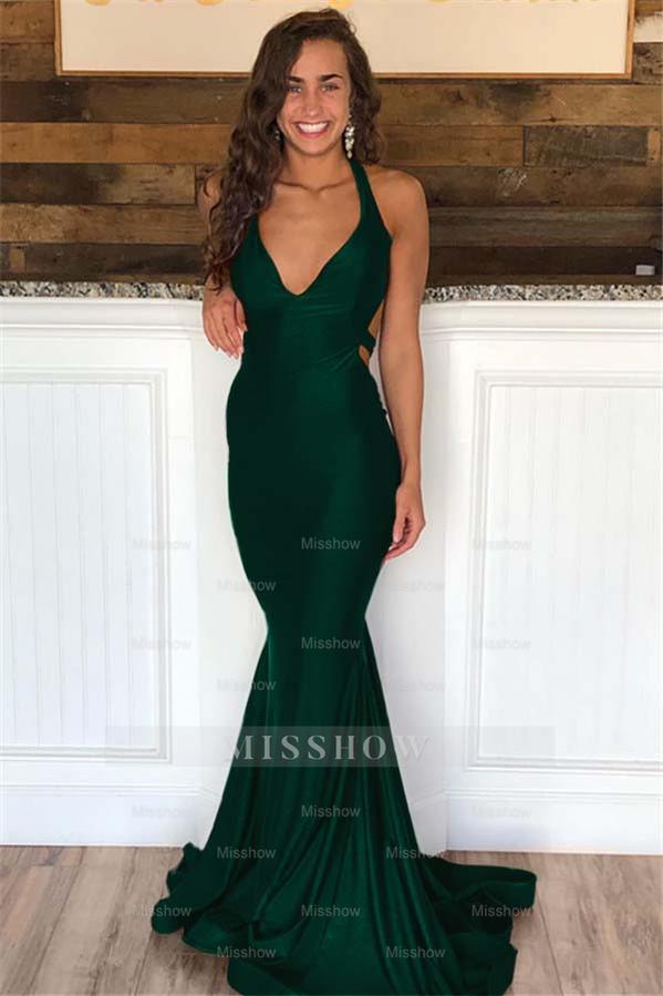 Halter V Neck Sleeveless Long Mermaid Formal Dress With Pleated