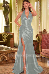 Halter V Neck Sleeveless Split Long Mermaid Formal Dress With Pleated