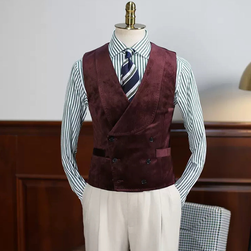 Handsome Burgundy Notched Lapel Three-Piece Velvet Prom Ensemble