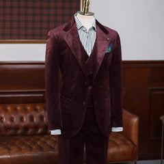 Handsome Burgundy Notched Lapel Three-Piece Velvet Prom Ensemble