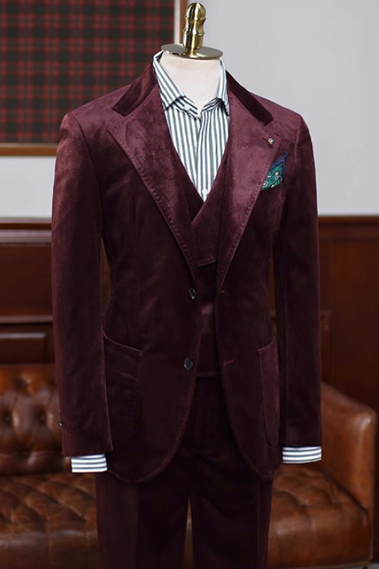 Handsome Burgundy Notched Lapel Three-Piece Velvet Prom Ensemble