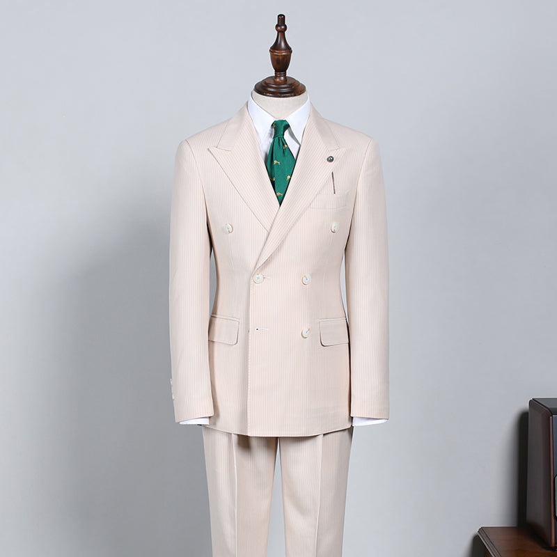 Handsome Light Khaki Striped Double Breasted Custom Suit