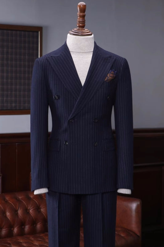 Handsome Navy Blue Striped Peak Lapel Double-Breasted Business Attire