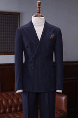 Handsome Navy Blue Striped Peak Lapel Double-Breasted Business Attire