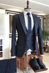 Handsome Navy Blue Three-Piece Peaked Lapel Business Suit