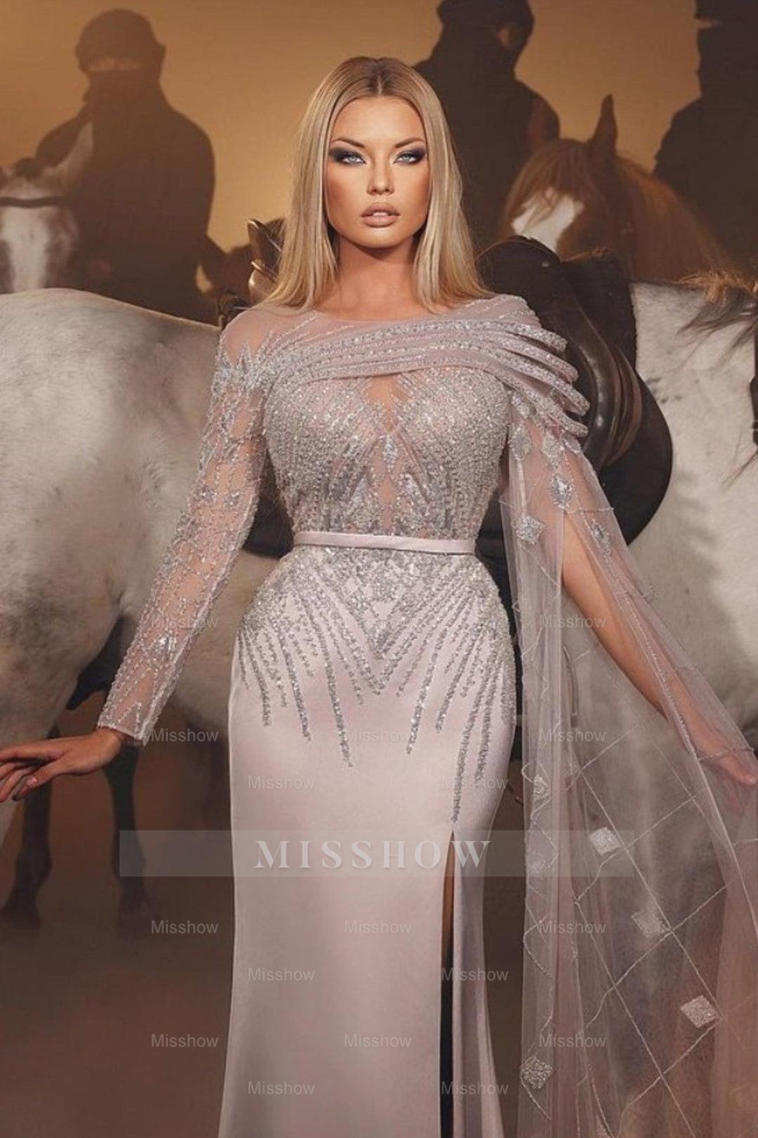 Heavy Formal Dress Sequins With Belt One Sleeve Long Satin Slit Tulle