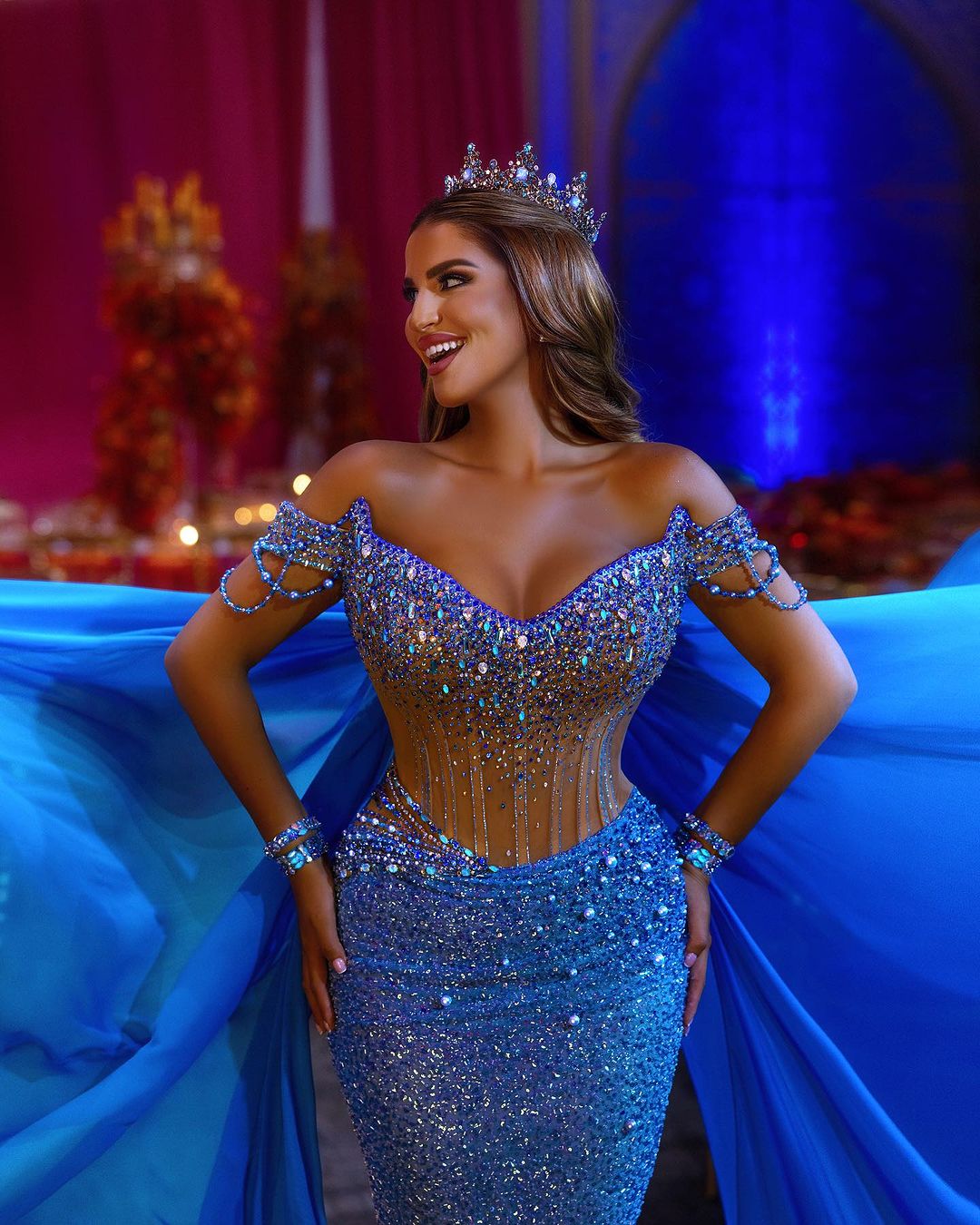 Heavy Off the Shoulder Mermaid Formal Dress Sequins Beading V Neck