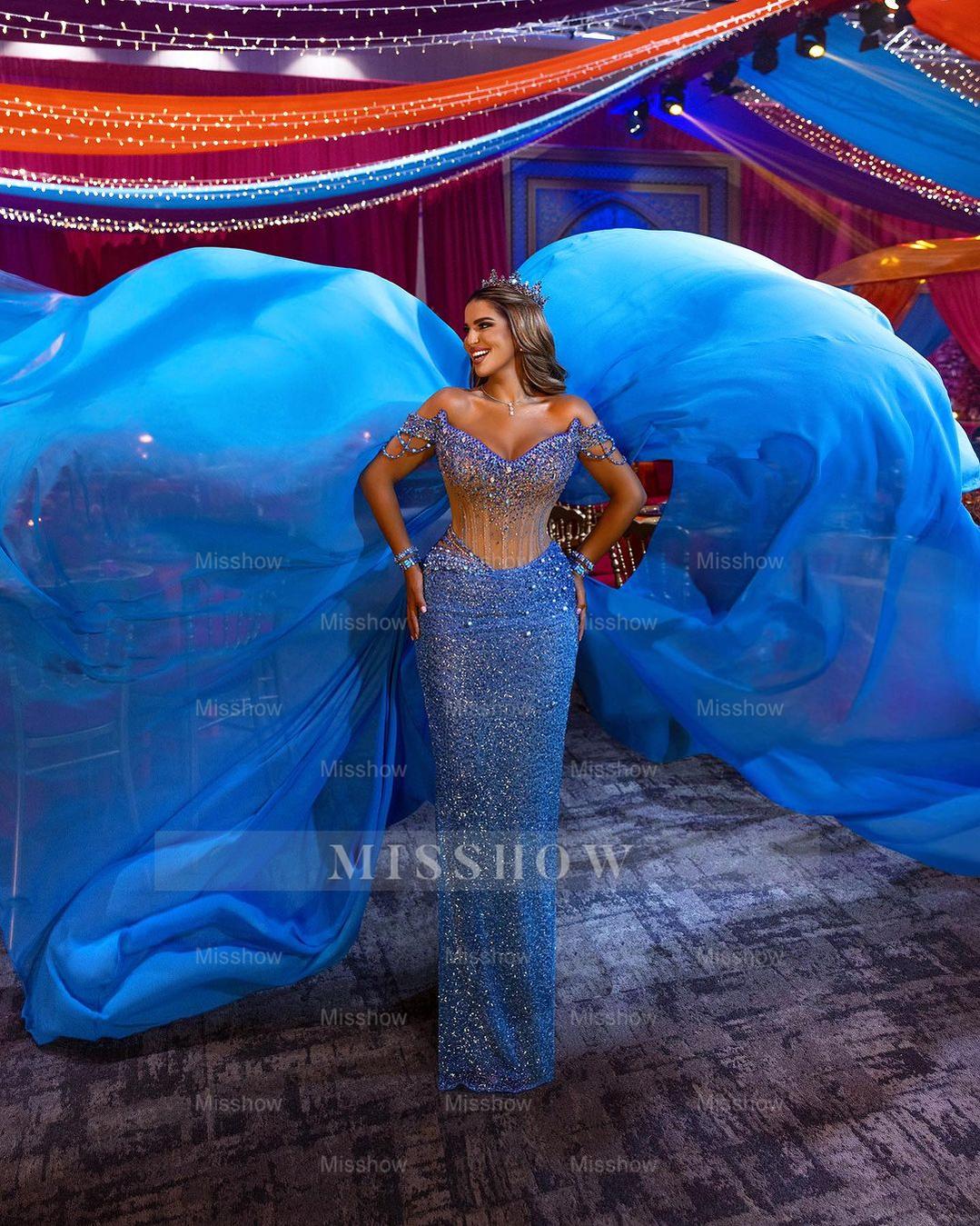 Heavy Off the Shoulder Mermaid Formal Dress Sequins Beading V Neck