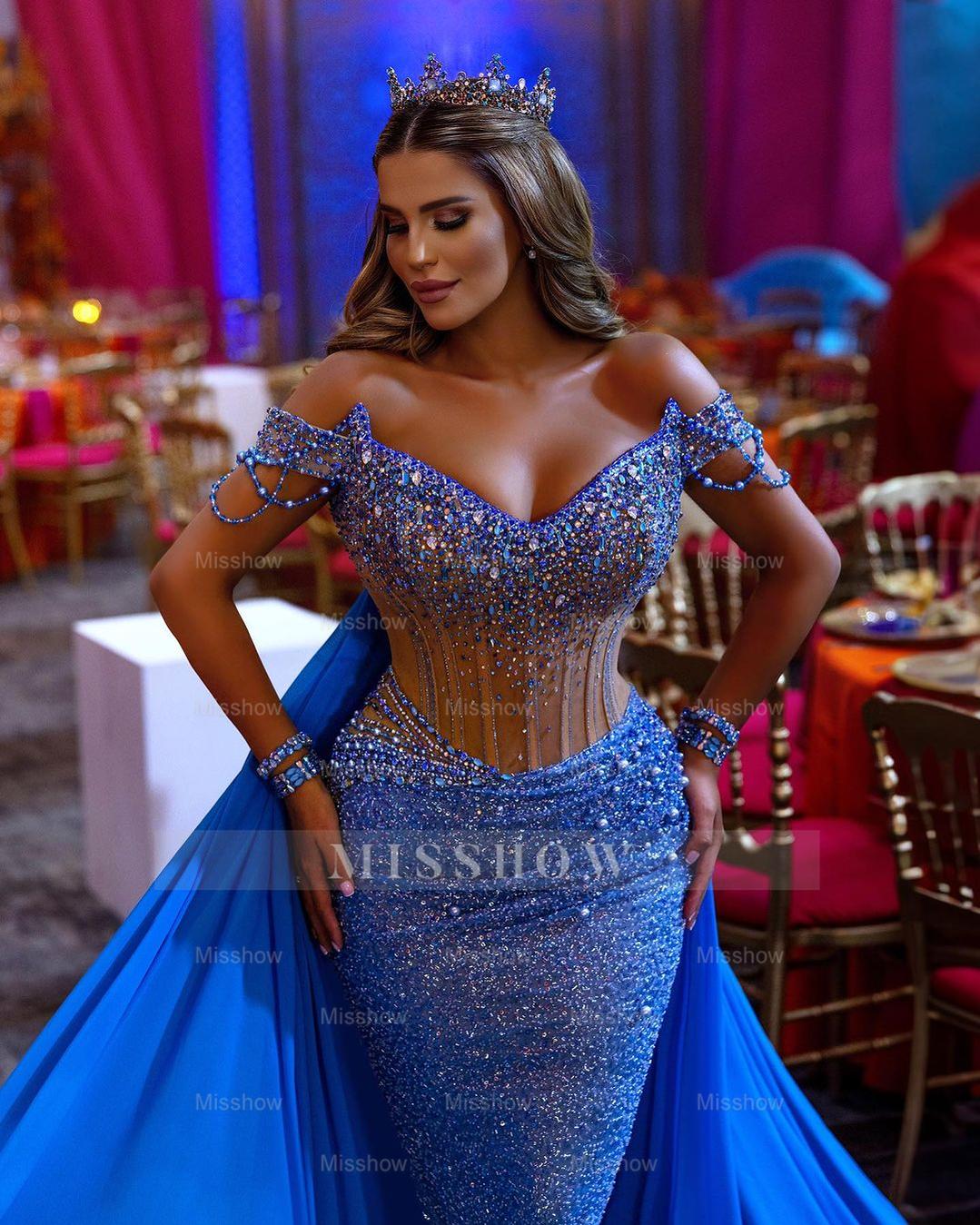 Heavy Off the Shoulder Mermaid Formal Dress Sequins Beading V Neck