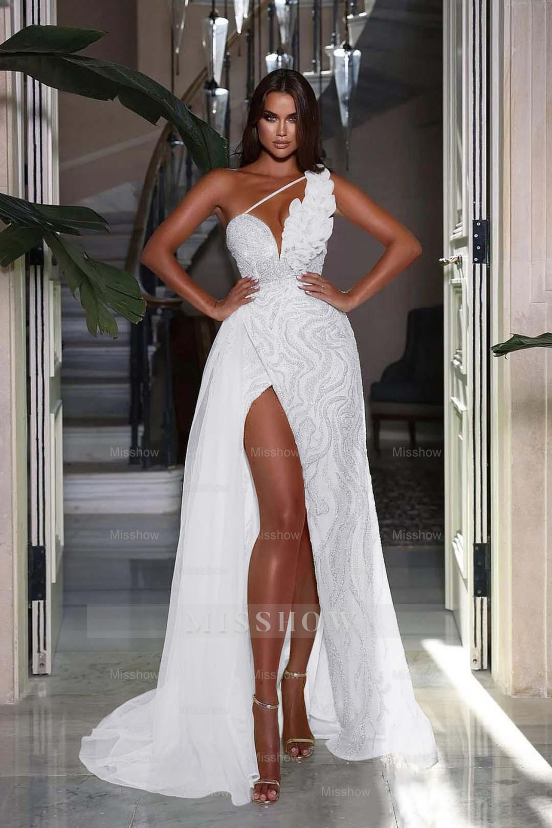 Heavy Sequins Formal Dress Sleeveless One Shoulder With High Slit