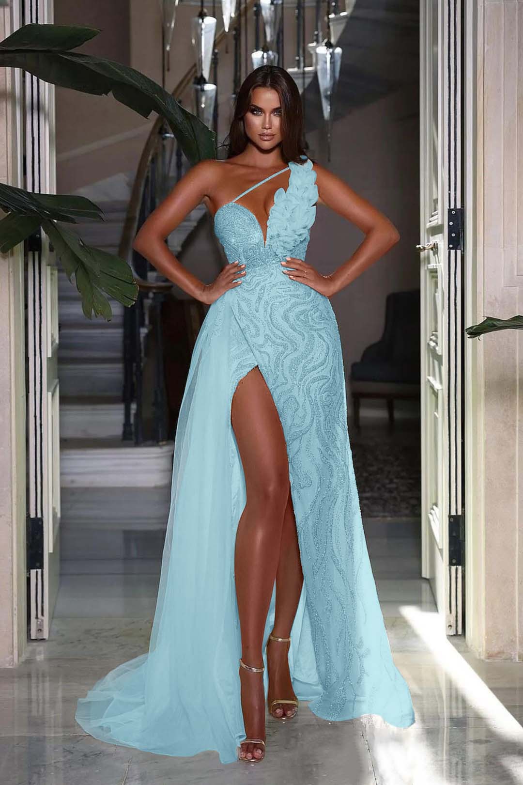 Heavy Sequins Formal Dress Sleeveless One Shoulder With High Slit