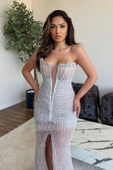 Heavy Sexy Beads Formal Dress V Neck Sleeveless With Front Split