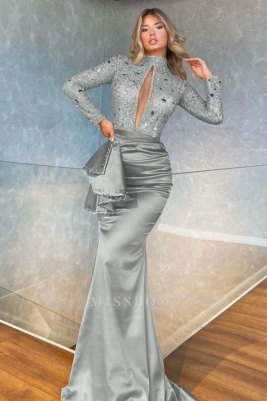 High Collar Long Sleeves Mermaid Pleated Sequins Formal Dress With Beadings
