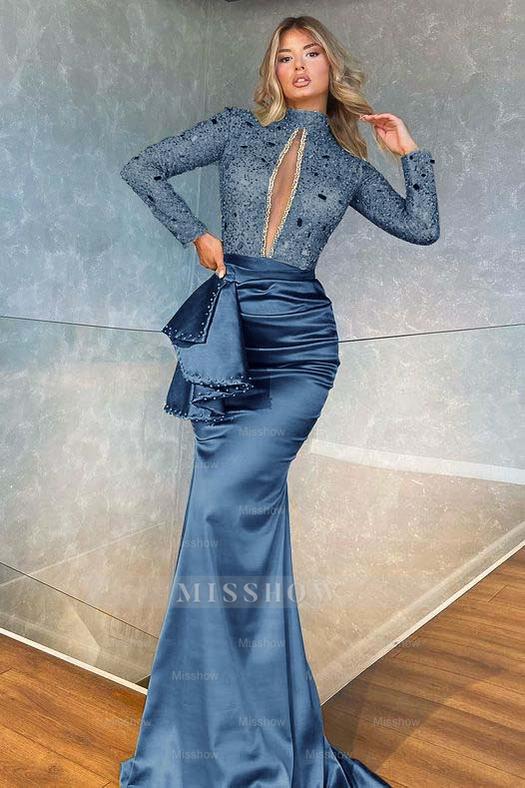 High Collar Long Sleeves Mermaid Pleated Sequins Formal Dress With Beadings