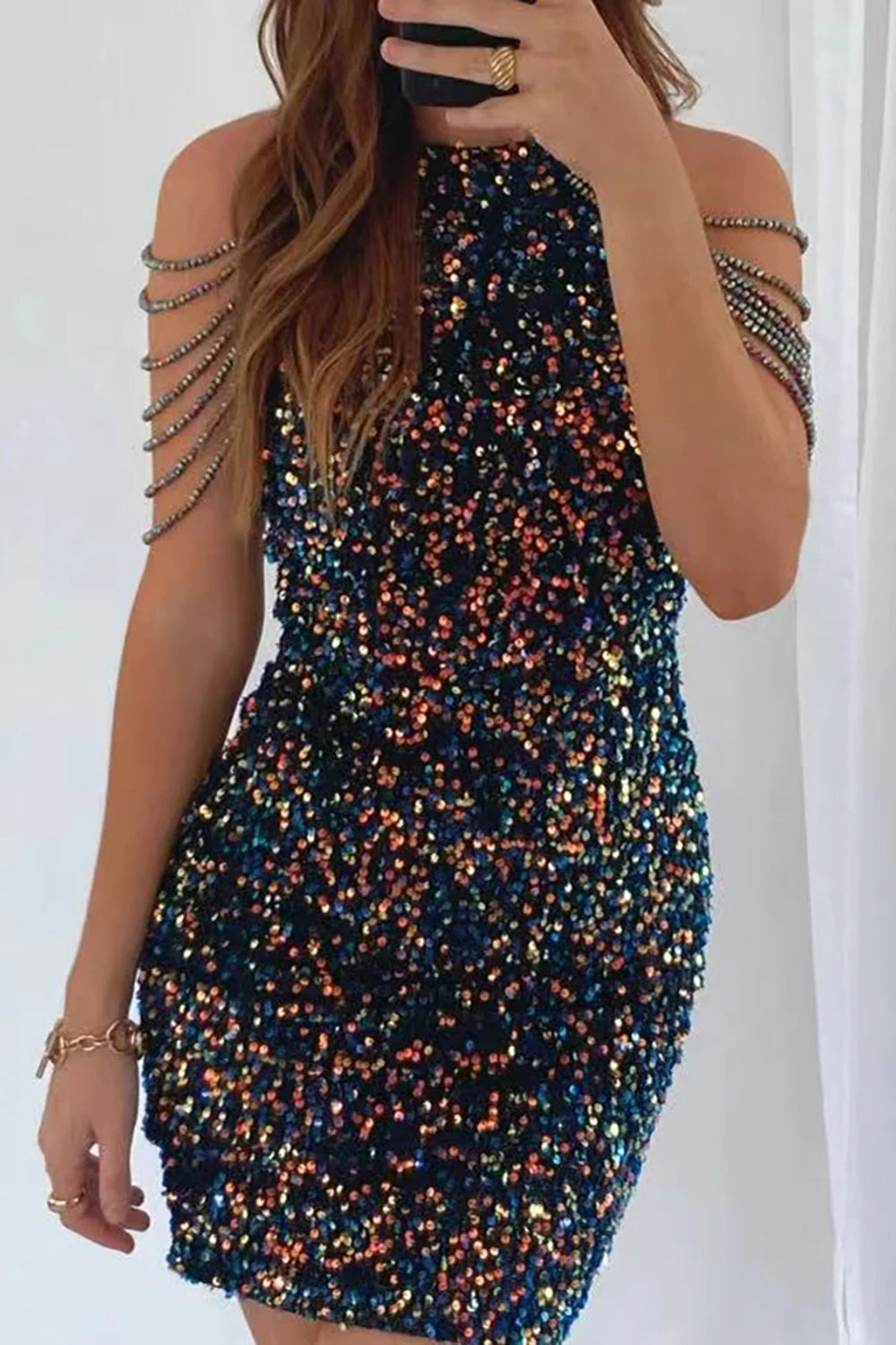 Black high neck beaded bodycon homecoming dress