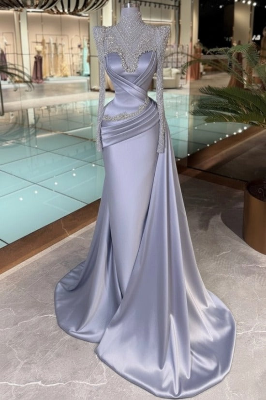 High Neck Crystal Illusion Long Sleeve Structured Shoulder Sweetheart Satin Cross-Draped Ruched Mermaid Evening Dress Side Train