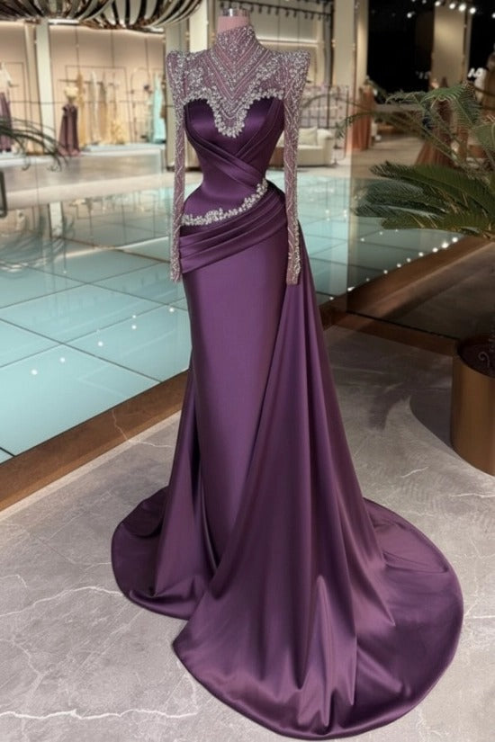 High Neck Crystal Illusion Long Sleeve Structured Shoulder Sweetheart Satin Cross-Draped Ruched Mermaid Evening Dress Side Train