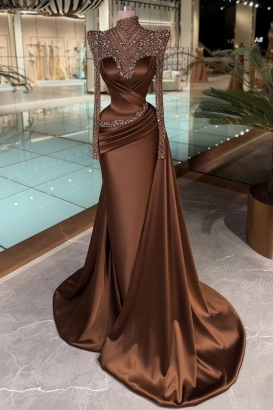 High Neck Crystal Illusion Long Sleeve Structured Shoulder Sweetheart Satin Cross-Draped Ruched Mermaid Evening Dress Side Train