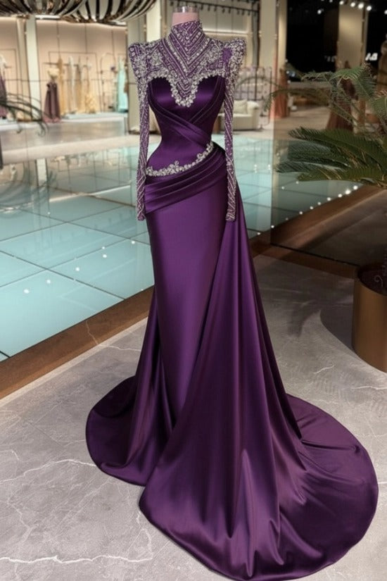 High Neck Crystal Illusion Long Sleeve Structured Shoulder Sweetheart Satin Cross-Draped Ruched Mermaid Evening Dress Side Train