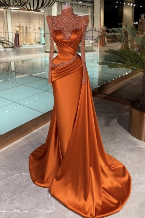 High Neck Crystal Illusion Long Sleeve Structured Shoulder Sweetheart Satin Cross-Draped Ruched Mermaid Evening Dress Side Train