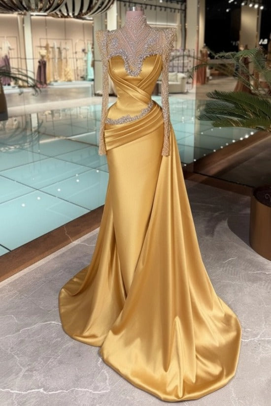 High Neck Crystal Illusion Long Sleeve Structured Shoulder Sweetheart Satin Cross-Draped Ruched Mermaid Evening Dress Side Train