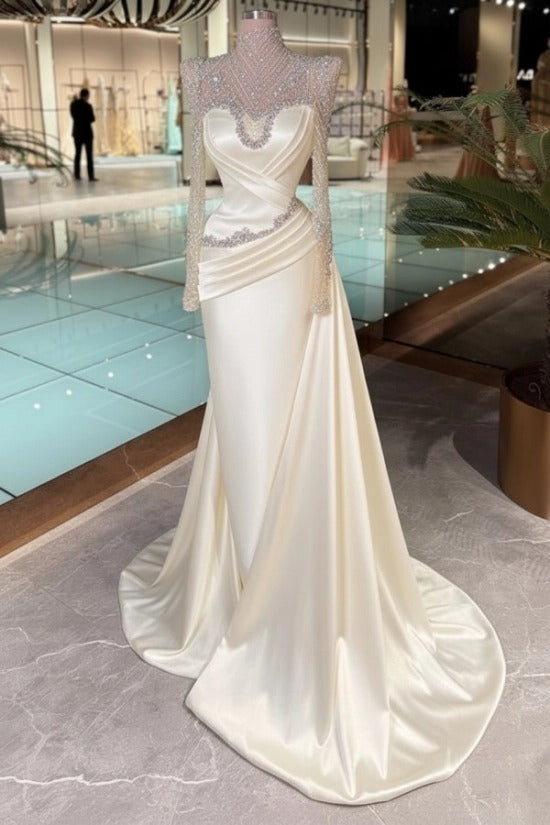 High Neck Crystal Illusion Long Sleeve Structured Shoulder Sweetheart Satin Cross-Draped Ruched Mermaid Evening Dress Side Train
